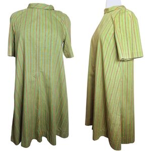 Vintage 60s Mod Striped Dress Womens Medium Avocado Green Yellow Orange Striped